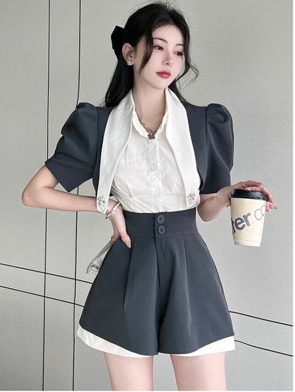 Modern Korea Color Block Rhinestones Puff Sleeve Short Suits 3
