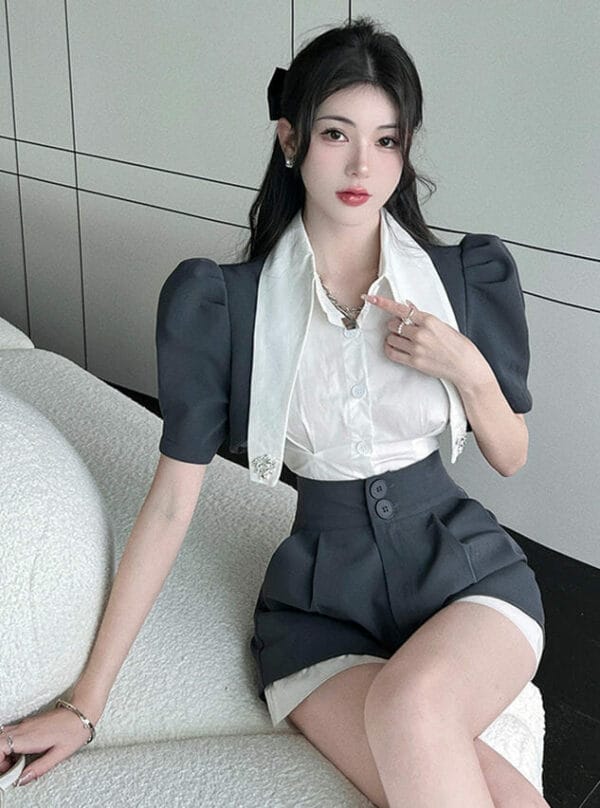 Modern Korea Color Block Rhinestones Puff Sleeve Short Suits 4