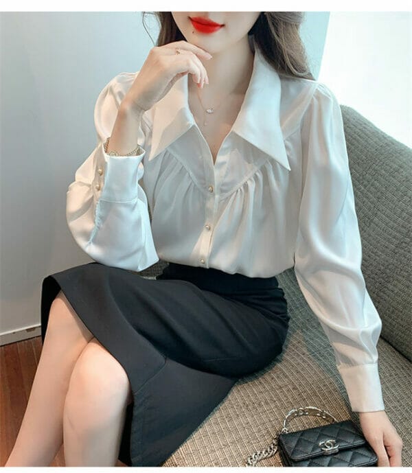 Modern Korea Turn-down Collar Long Sleeve Loosen Blouse 4