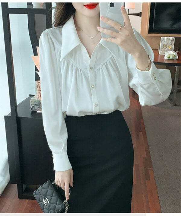 Modern Korea Turn-down Collar Long Sleeve Loosen Blouse 3