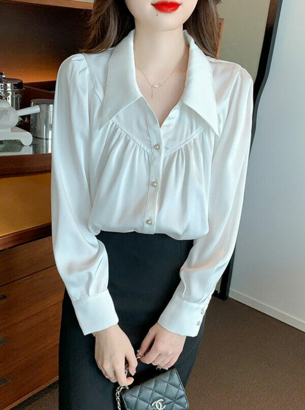 Modern Korea Turn-down Collar Long Sleeve Loosen Blouse 1