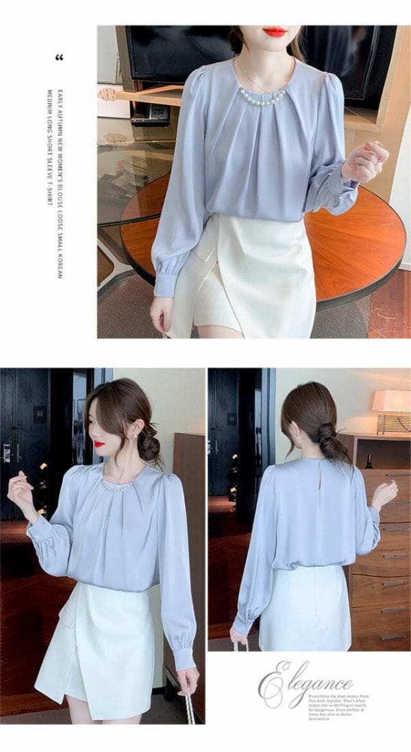 Modern Lady 2 Colors Beads Pleated Round Neck Blouse 6