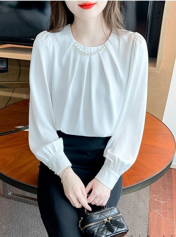 Modern Lady 2 Colors Beads Pleated Round Neck Blouse 1