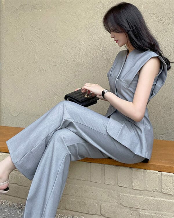 Modern Lady 2 Colors Belt Waist V-neck Slim Long Suits 3