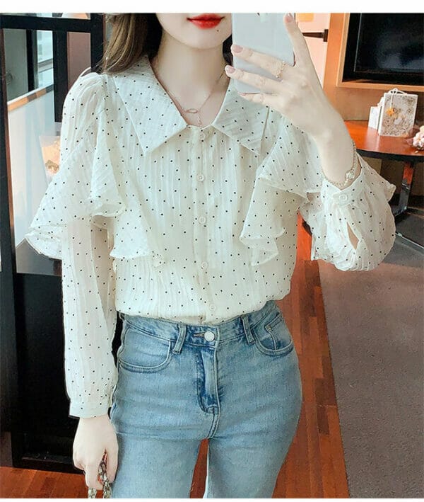 Modern Lady 2 Colors Doll Collar Dots Flouncing Chiffon Blouse 6