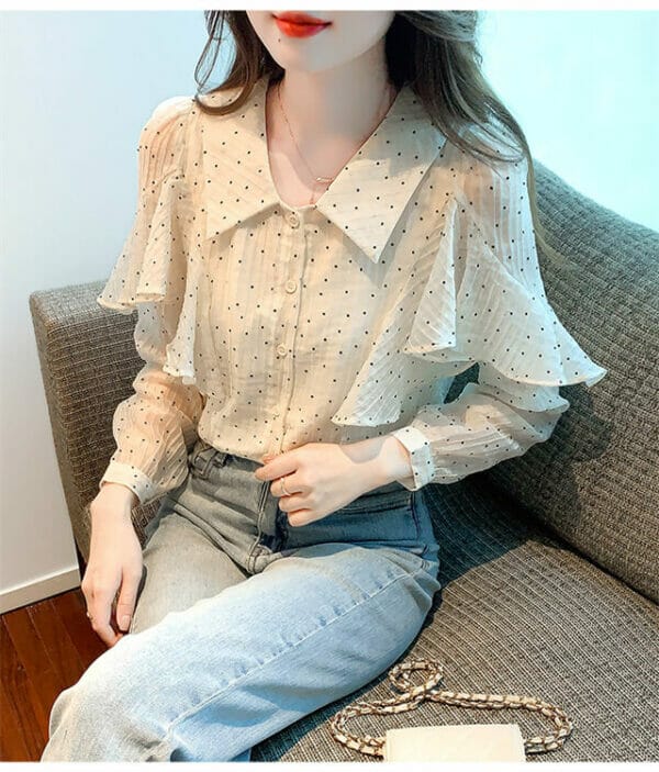 Modern Lady 2 Colors Doll Collar Dots Flouncing Chiffon Blouse 5