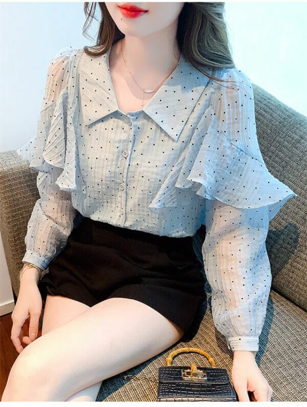 Modern Lady 2 Colors Doll Collar Dots Flouncing Chiffon Blouse 2