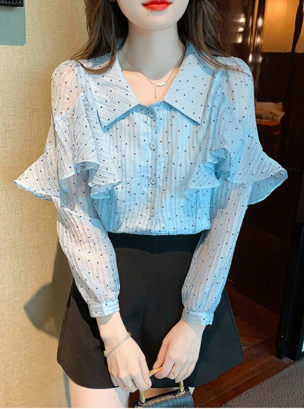 Modern Lady 2 Colors Doll Collar Dots Flouncing Chiffon Blouse 1