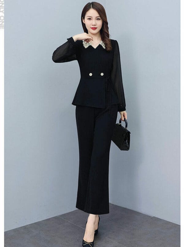 Modern Lady 2 Colors Doll Collar Tie Waist Slim Long Suits 5
