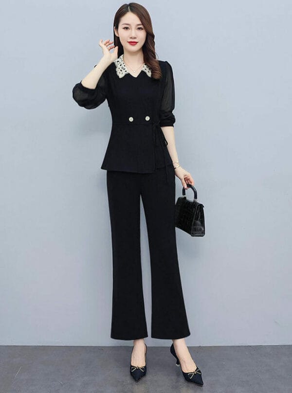 Modern Lady 2 Colors Doll Collar Tie Waist Slim Long Suits 4