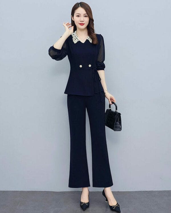 Modern Lady 2 Colors Doll Collar Tie Waist Slim Long Suits 2