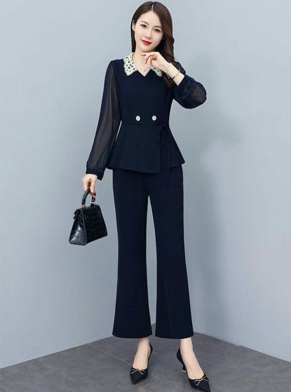 Modern Lady 2 Colors Doll Collar Tie Waist Slim Long Suits 1