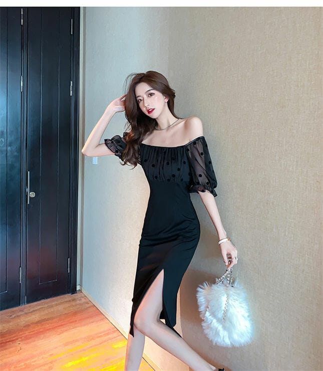 Modern Lady 2 Colors Dots Boat Neck Splicing Slim Dress