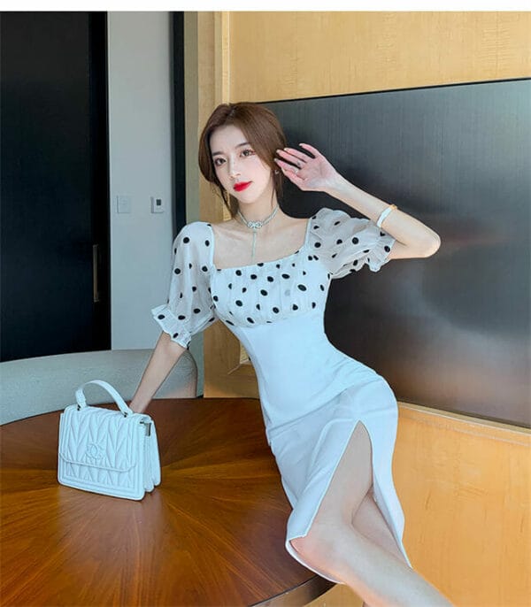 Modern Lady 2 Colors Dots Boat Neck Splicing Slim Dress 2