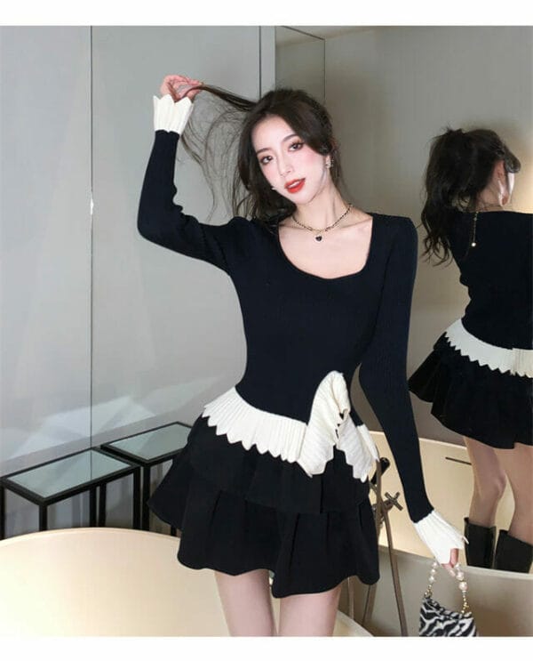 Modern Lady 2 Colors Knitting Tops with Layered Skirt 4