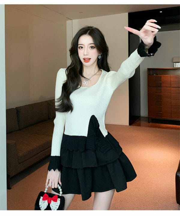 Modern Lady 2 Colors Knitting Tops with Layered Skirt 2