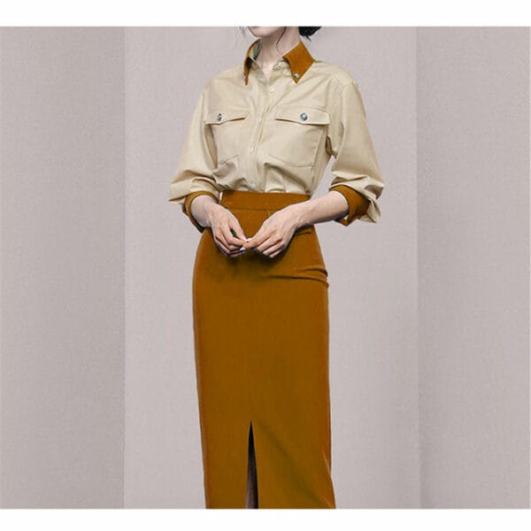 Modern Lady 2 Colors Loosen Blouse with Split Midi Skirt 4