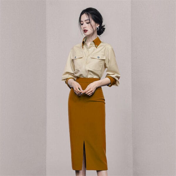 Modern Lady 2 Colors Loosen Blouse with Split Midi Skirt 3