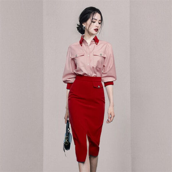 Modern Lady 2 Colors Loosen Blouse with Split Midi Skirt 2