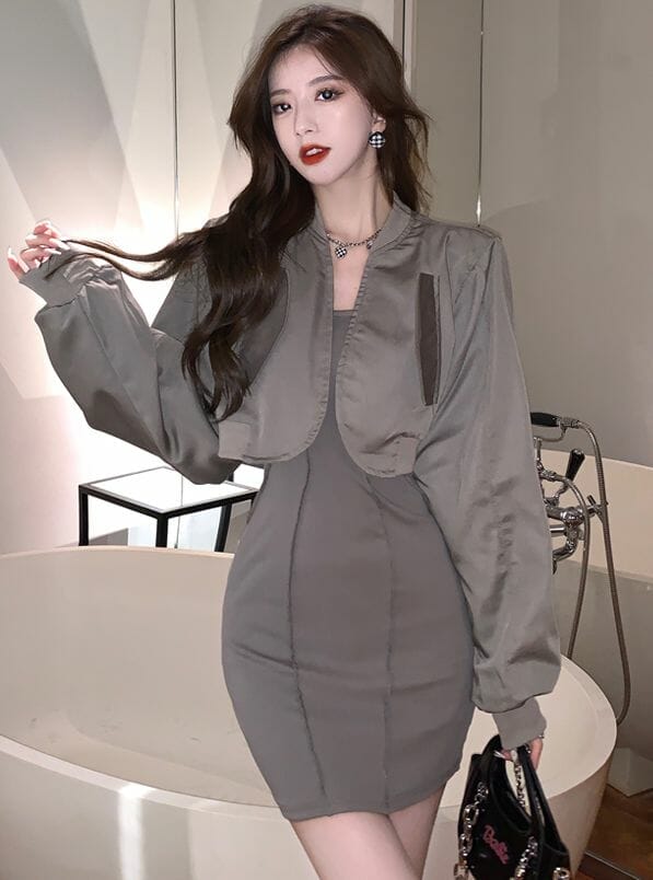 Modern Lady 2 Colors Puff Sleeve Coat with Slim Tank Dress 1