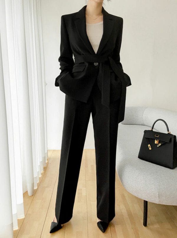Modern Lady 2 Colors Tailored Collar Tie Waist Slim Long Suits 6
