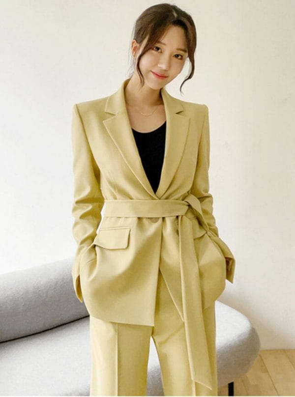 Modern Lady 2 Colors Tailored Collar Tie Waist Slim Long Suits 2