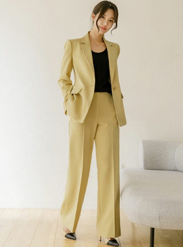 Modern Lady 2 Colors Tailored Collar Tie Waist Slim Long Suits 1