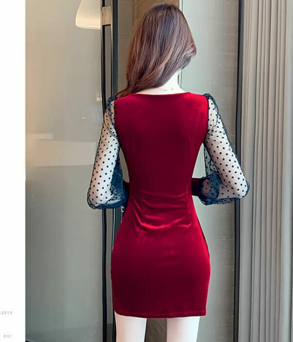 Modern Lady 2 Colors V-neck Dots Gauze Sleeve Velvet Dress 6