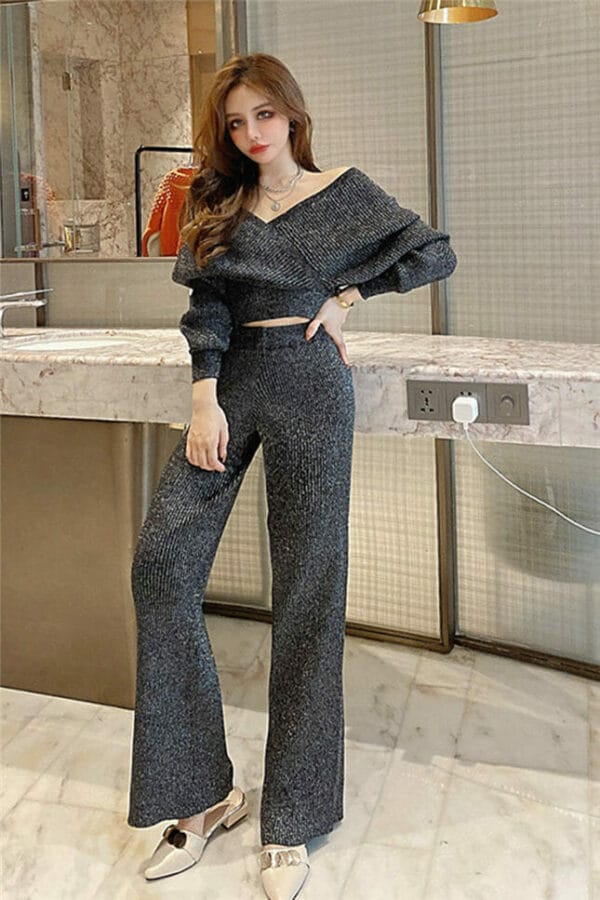 Modern Lady 4 Colors V-neck Puff Sleeve Shining Knit Suits 7