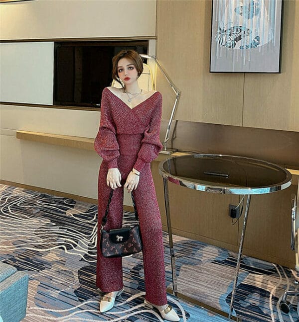 Modern Lady 4 Colors V-neck Puff Sleeve Shining Knit Suits 5