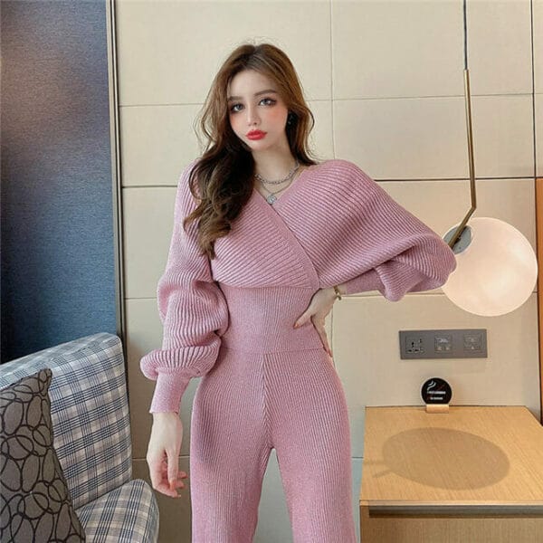 Modern Lady 4 Colors V-neck Puff Sleeve Shining Knit Suits 4