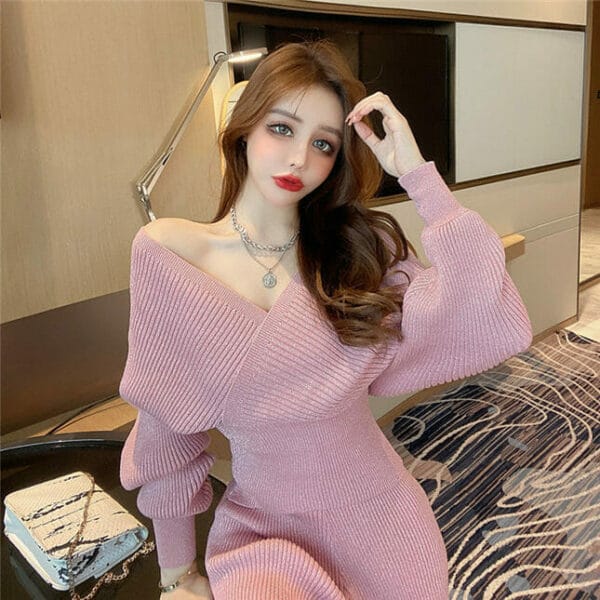 Modern Lady 4 Colors V-neck Puff Sleeve Shining Knit Suits 3