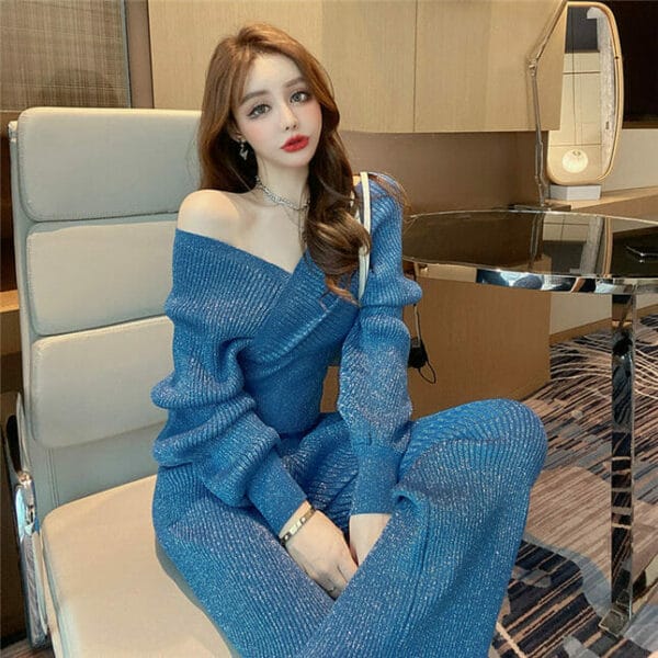 Modern Lady 4 Colors V-neck Puff Sleeve Shining Knit Suits 2