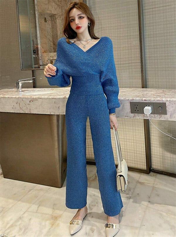Modern Lady 4 Colors V-neck Puff Sleeve Shining Knit Suits 1