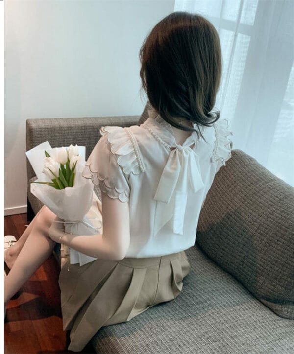 Modern Lady Beads Tie Collar Layered Sleeve Chiffon Blouse 5