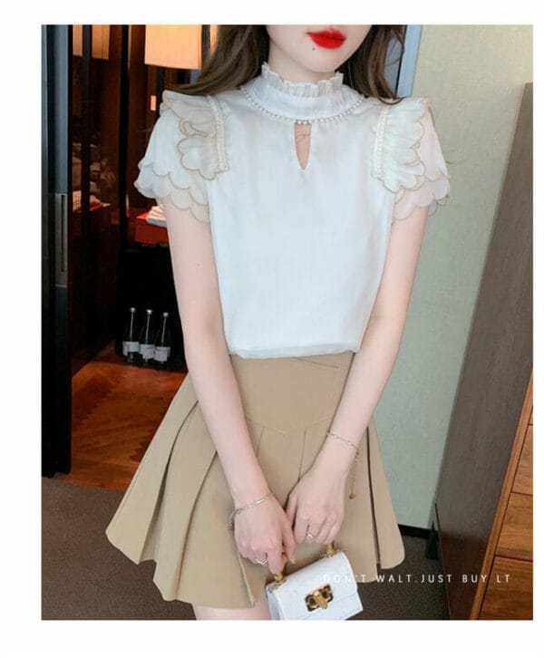 Modern Lady Beads Tie Collar Layered Sleeve Chiffon Blouse 3