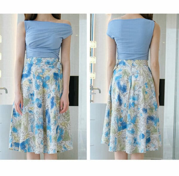 Modern Lady Boat Neck Cotton T-shirt with Flowers Skirt 6