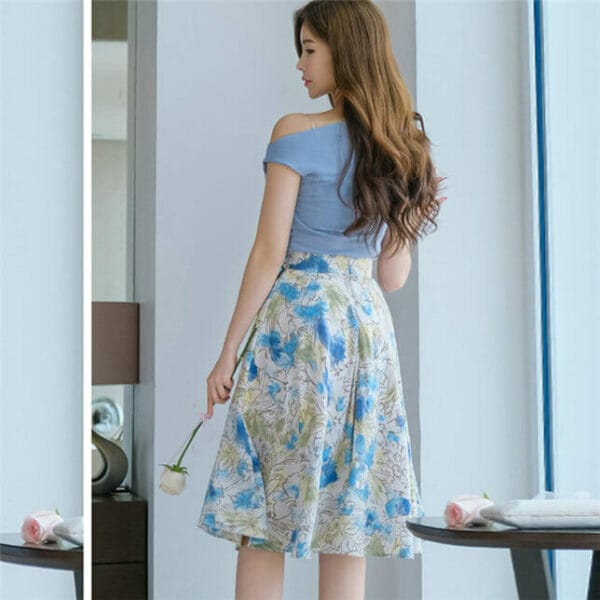 Modern Lady Boat Neck Cotton T-shirt with Flowers Skirt 5