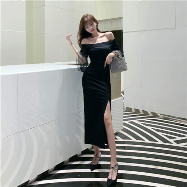 Modern Lady Boat Neck Flare Sleeve Slim Long Dress 3