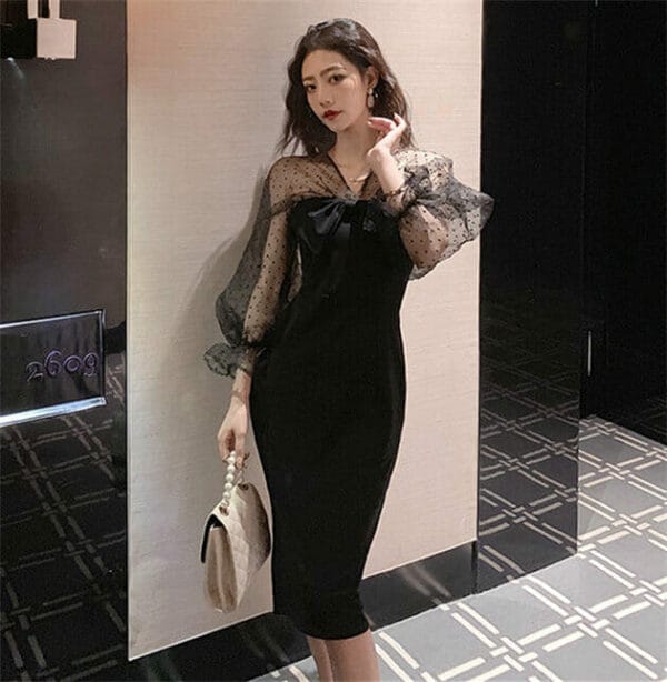 Modern Lady Bowknot V-neck Gauze Puff Sleeve Slim Dress 2