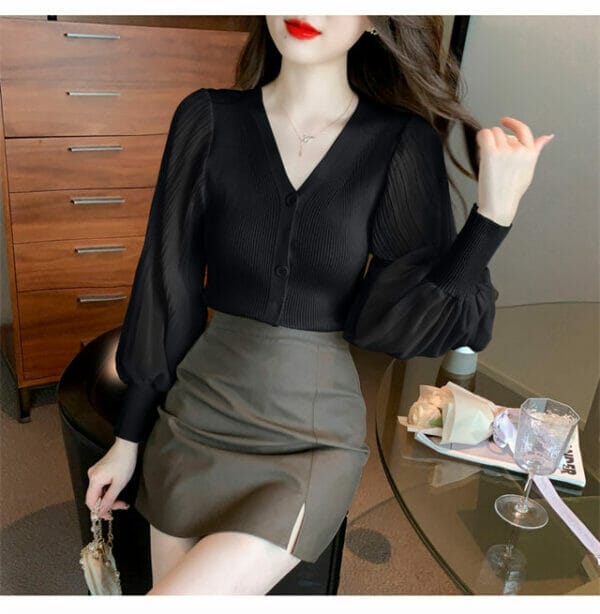 Modern Lady Buttons V-neck Splicing Chiffon Sleeve Knit Tops 5