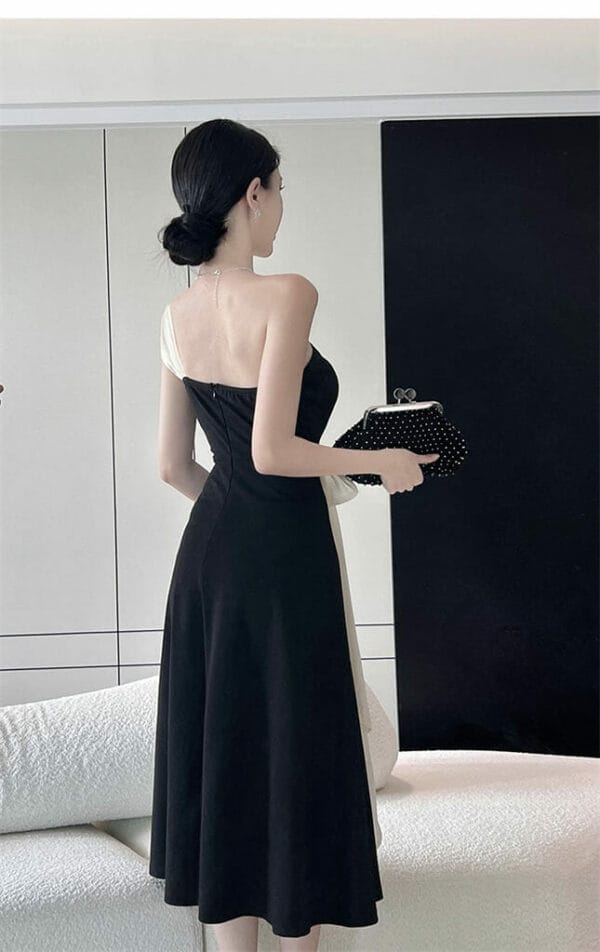 Modern Lady Color Block Bowknot One Shoulder A-line Dress 5