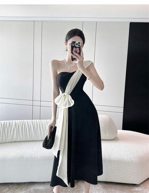 Modern Lady Color Block Bowknot One Shoulder A-line Dress 3