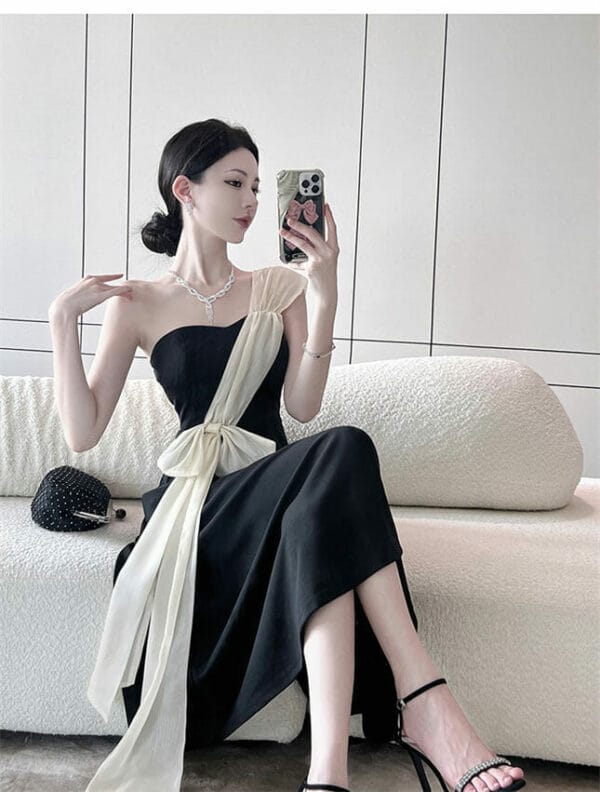 Modern Lady Color Block Bowknot One Shoulder A-line Dress 2