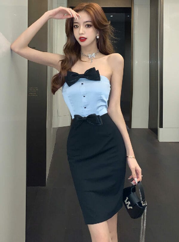 Modern Lady Color Block Bowknot Strapless Slim Dress 1