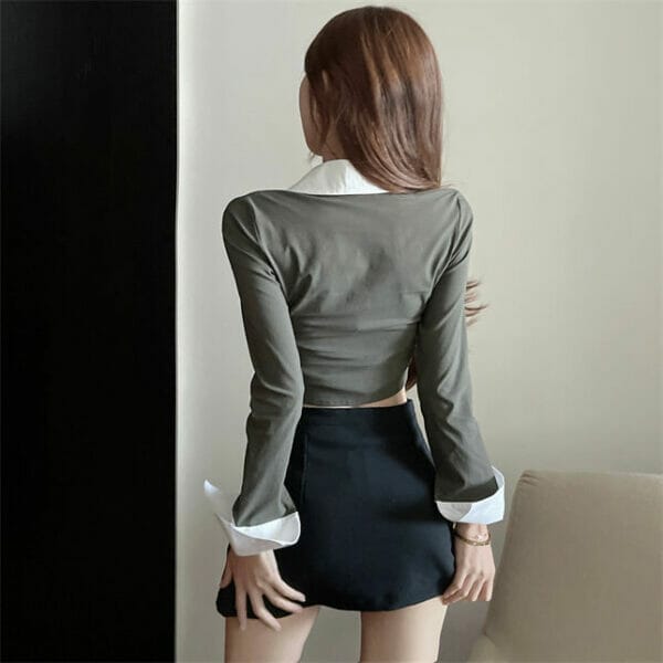 Modern Lady Color Block Shirt Collar Zipper Open Slim Blouse 2