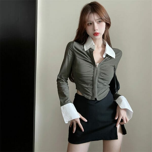 Modern Lady Color Block Shirt Collar Zipper Open Slim Blouse 1
