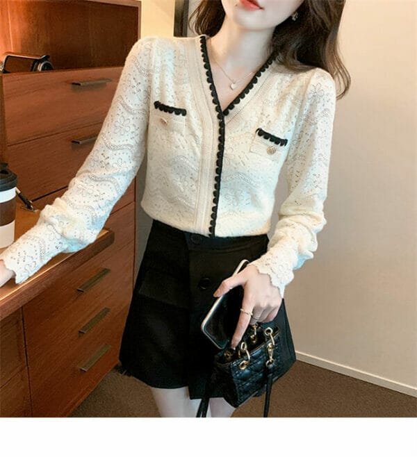 Modern Lady Color Block V-neck Lace Long Sleeve Blouse 3