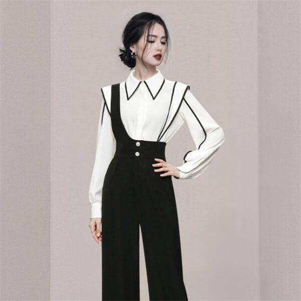 Modern Lady Doll Collar Blouse with High Waist Straps Jumpsuits 3