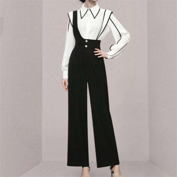 Modern Lady Doll Collar Blouse with High Waist Straps Jumpsuits 2